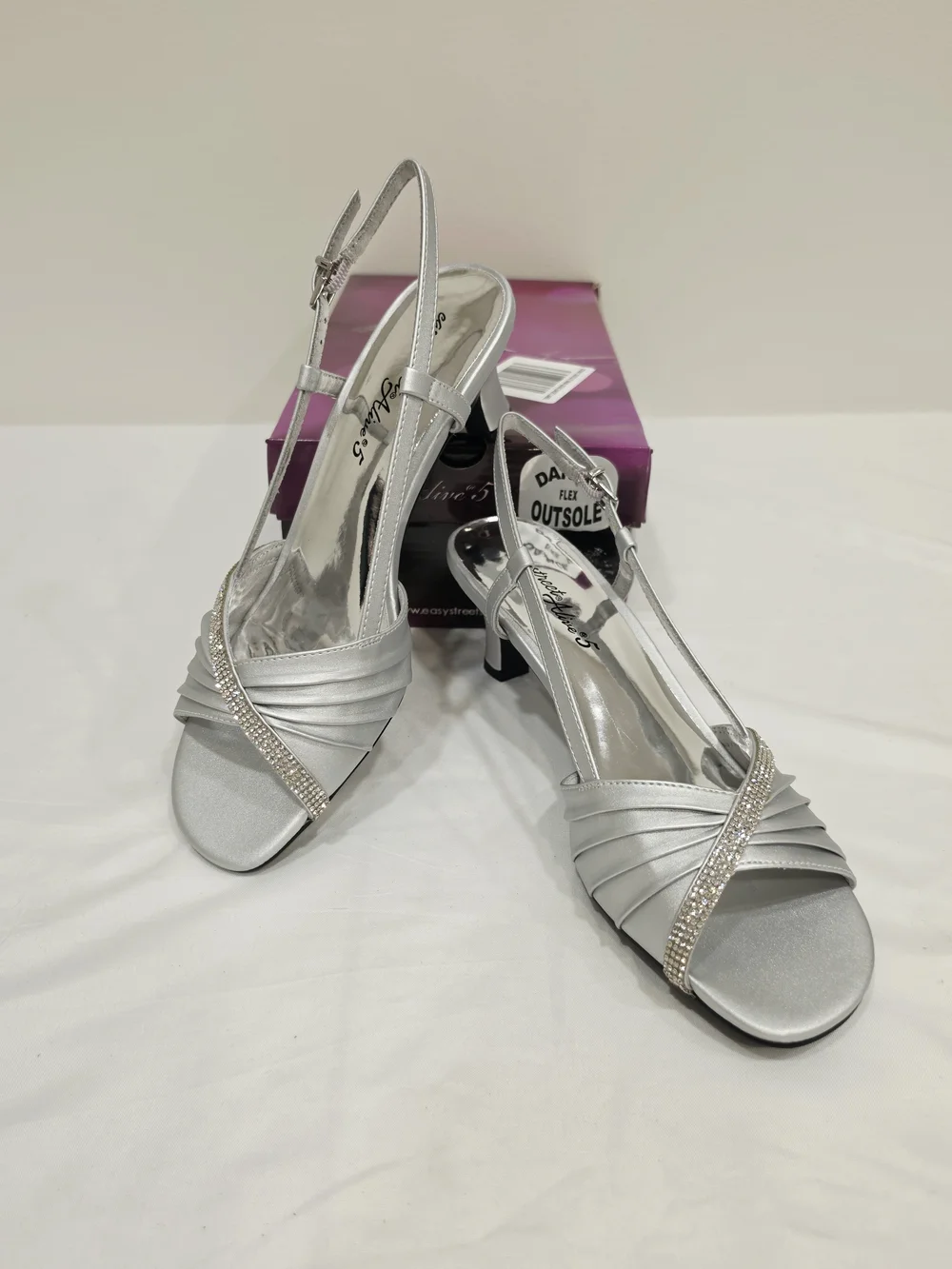 easy street Silver Satin Delite Rhinestone Slingback Heels